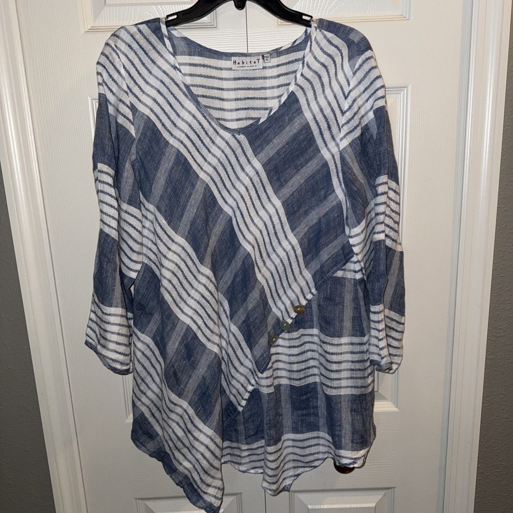 Habitat Clothes To Live In Top Womens XL Blue Linen Beach Lagenlook Resort